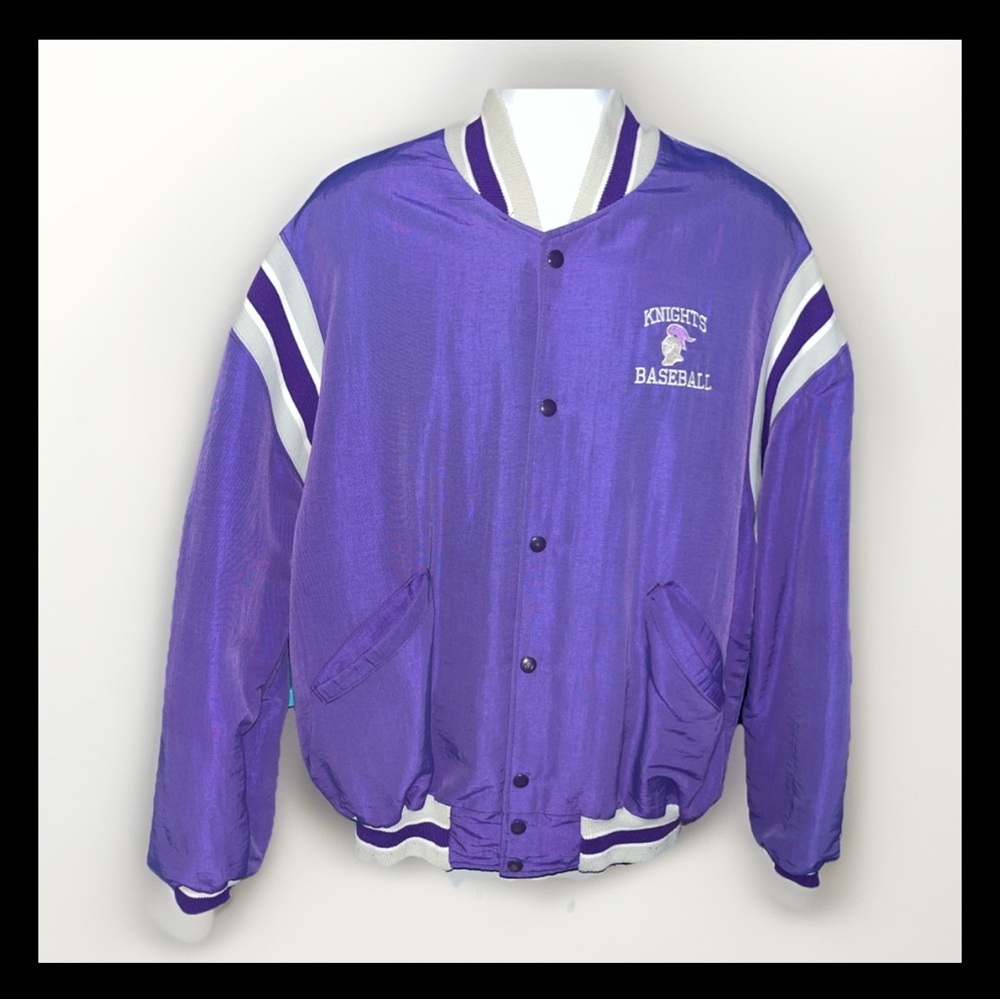 DeLong Jacket Mens XL Purple Gray Sportswear Bomber Baseball USA Varsity Vintage